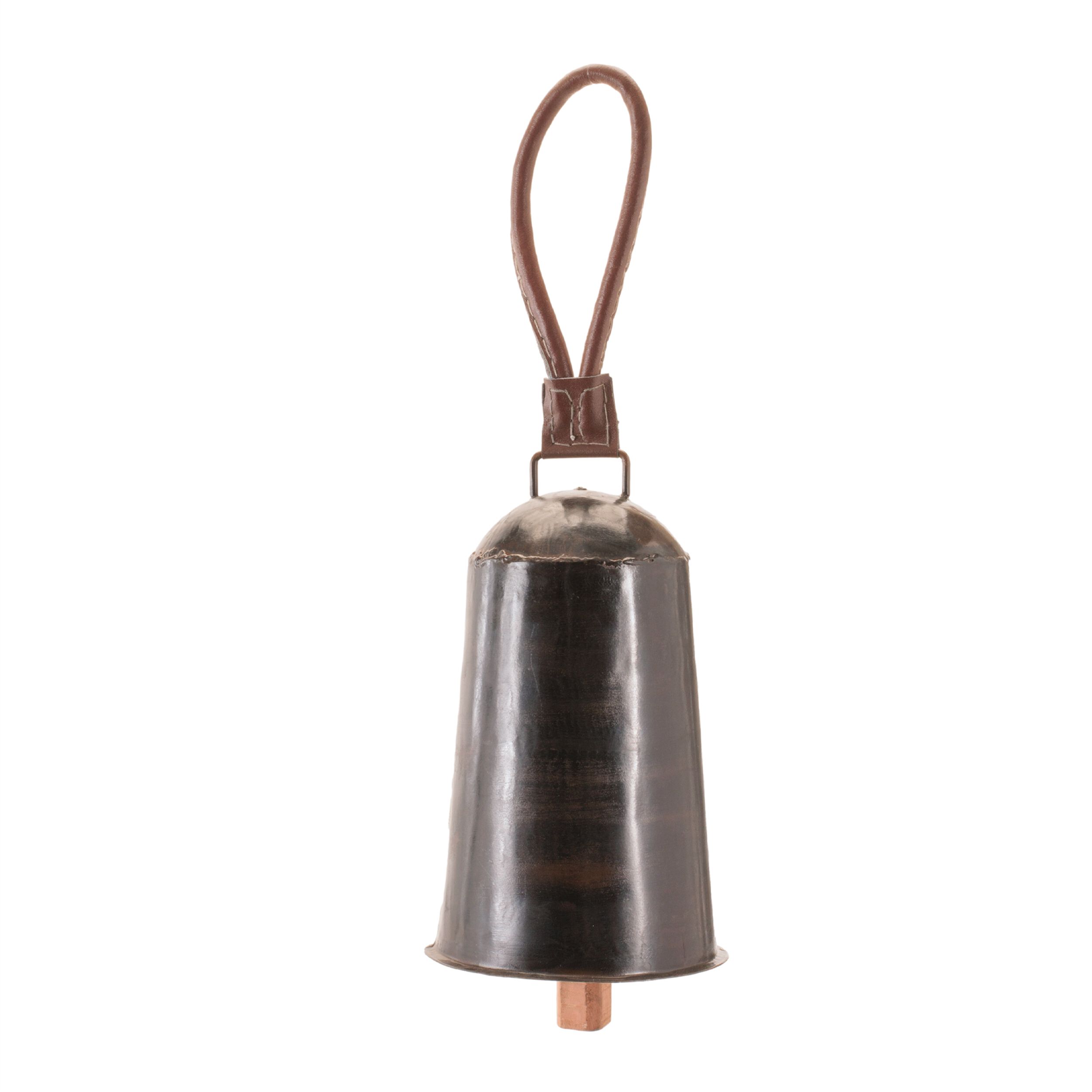 Rustic Iron Hanging Bell with Leather Strap (Set of 2), BLACK BROWN, hi-res image number 0