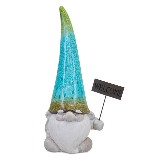 Terra Cotta Garden Gnome Statue With Welcome Sign 24 inchesH, BLUE, hi-res image number null