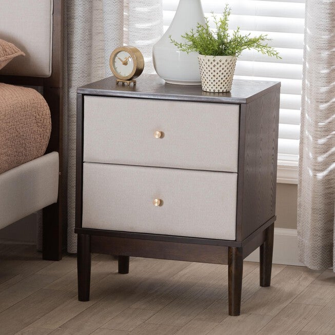 Nikolai Mid-Century Beige Fabric and Wenge Brown Wood 2-Drawer Nightstand, BEIGE/WENG, hi-res image number null