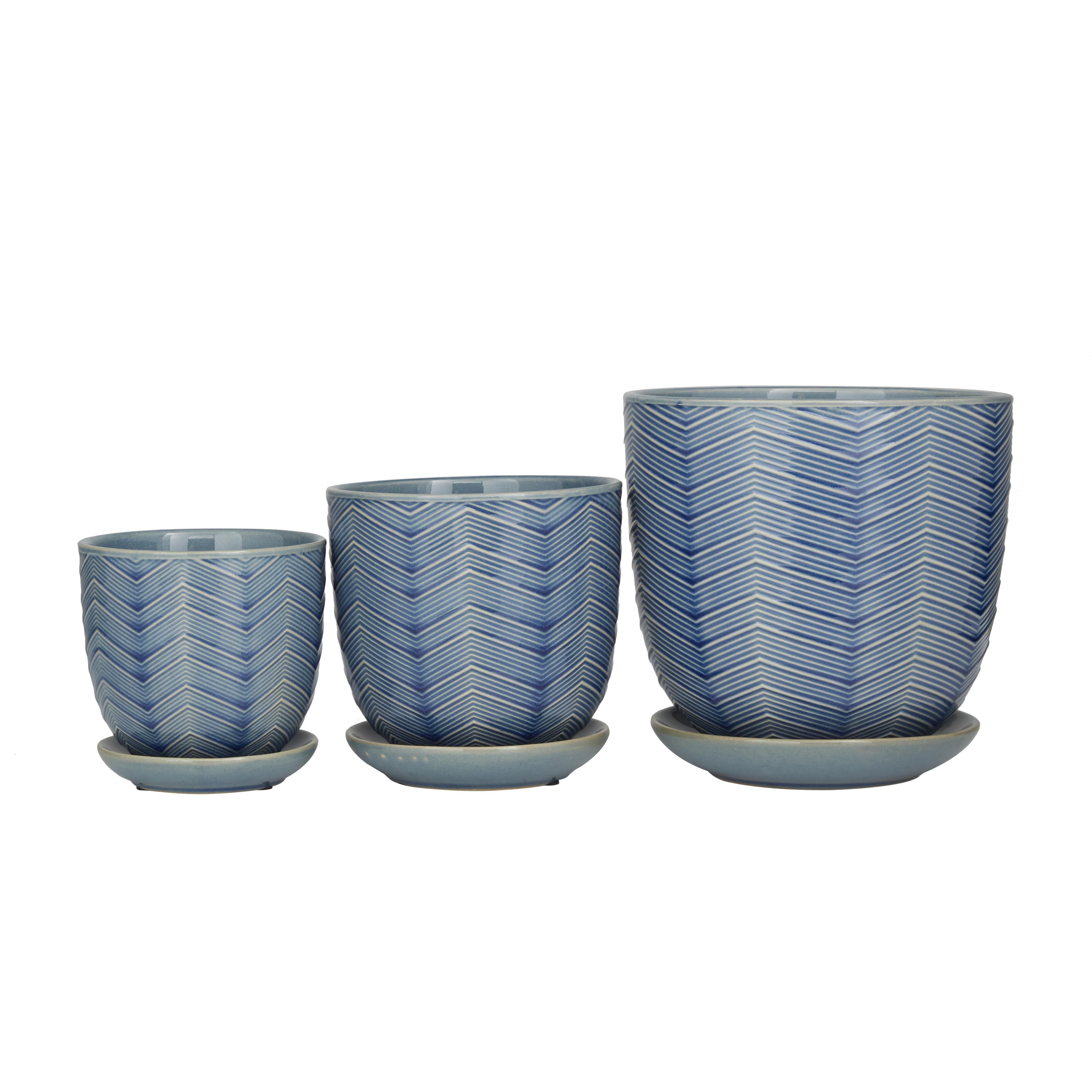 Blue Porcelain Ceramic  Indoor Outdoor Planter with Attached Saucer, Set of 3 8 inches, 6 inches, 5 inchesH, BLUE, on-hover image number 1