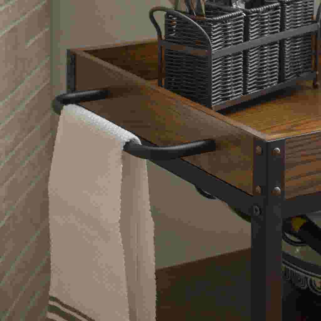 Close-up of the towel rack on the Austin Kitchen Cart, with a white towel hanging.