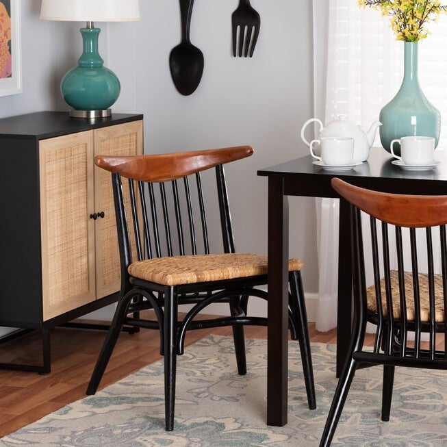 Parthenia Mid-Century Modern Two-Tone Black And Walnut Brown Finished Mahogany Wood And Natural Rattan Dining Chair, , alternate image number null