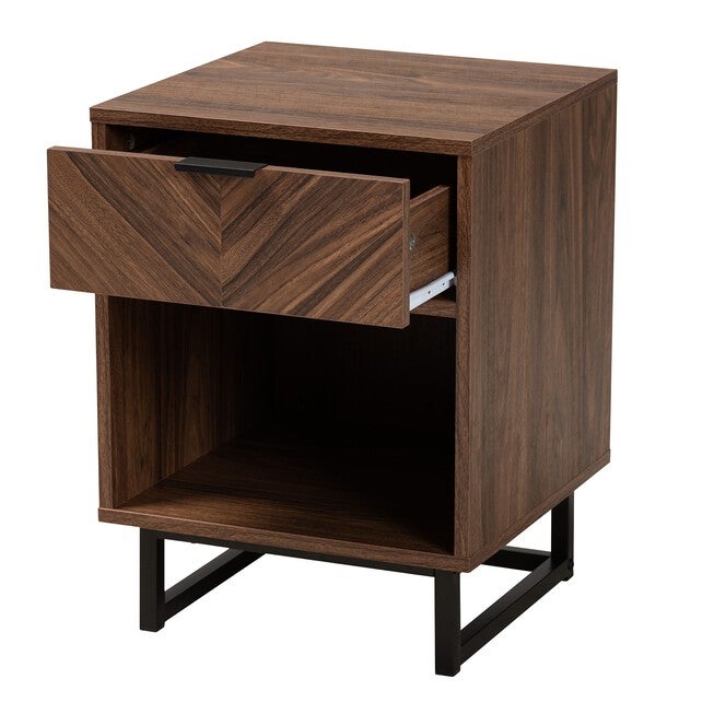 Sadia Modern Walnut Brown Finished Wood And Black Metal 1-Drawer End Table, , on-hover image number null