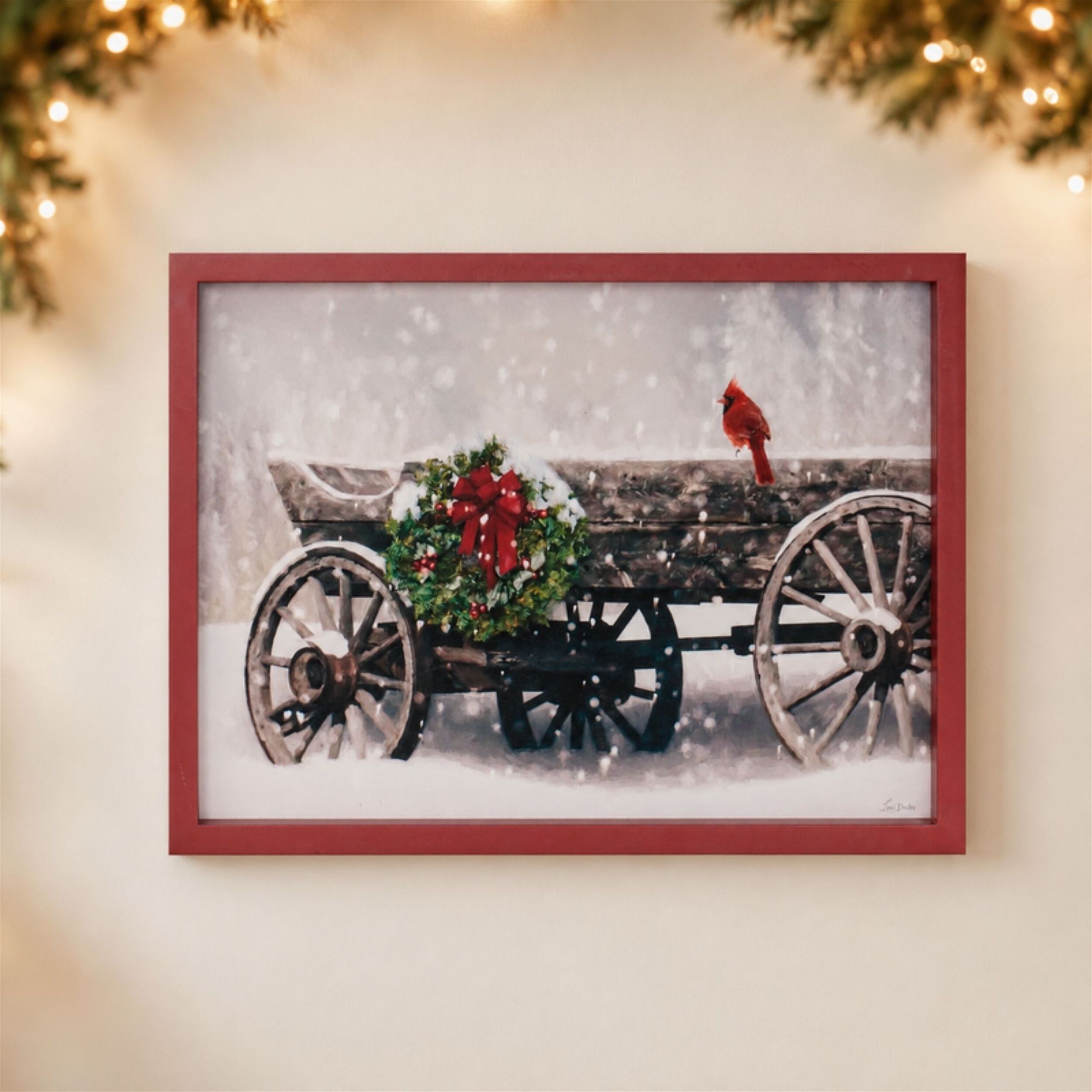 Framed Cardinal and Christmas Wagon Wall Art 15.5 inchesL, RED, alternate image number 2