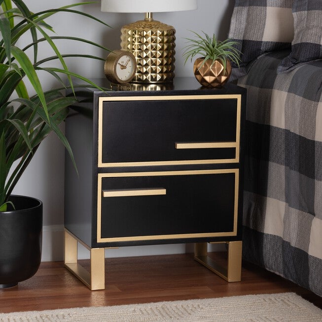 Giolla Contemporary Glam And Luxe Black Finished Wood And Gold Metal 2-Drawer Nightstand, , alternate image number null