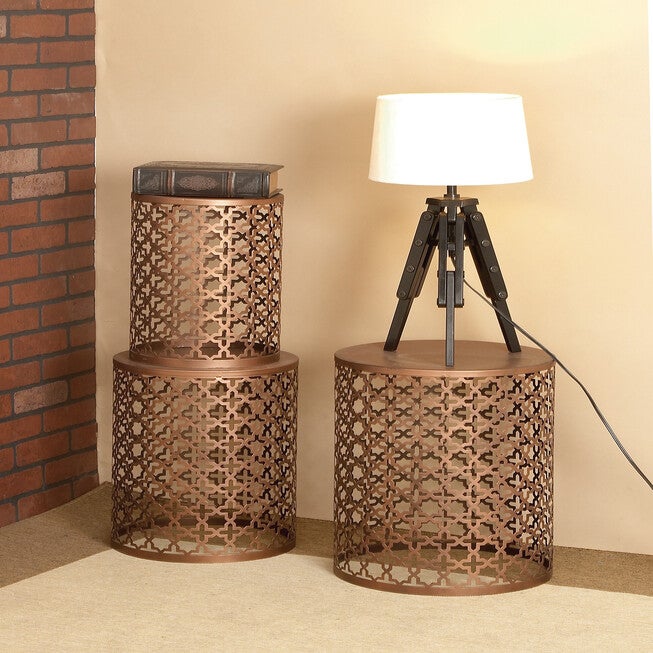 Set of 3 Brown Metal Industrial Accent Table, 20 inches, 18 inches, 16 inches, , alternate image number null