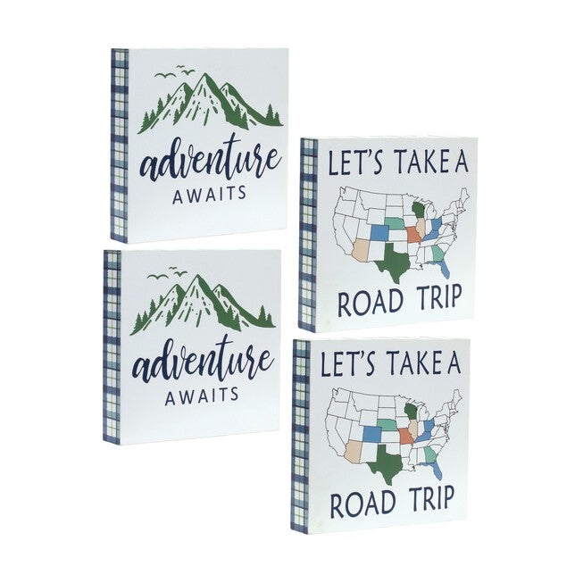 Wood Adventure Block Sentiment Sign (Set of 4), BLUE WHITE GREEN, hi-res image number null