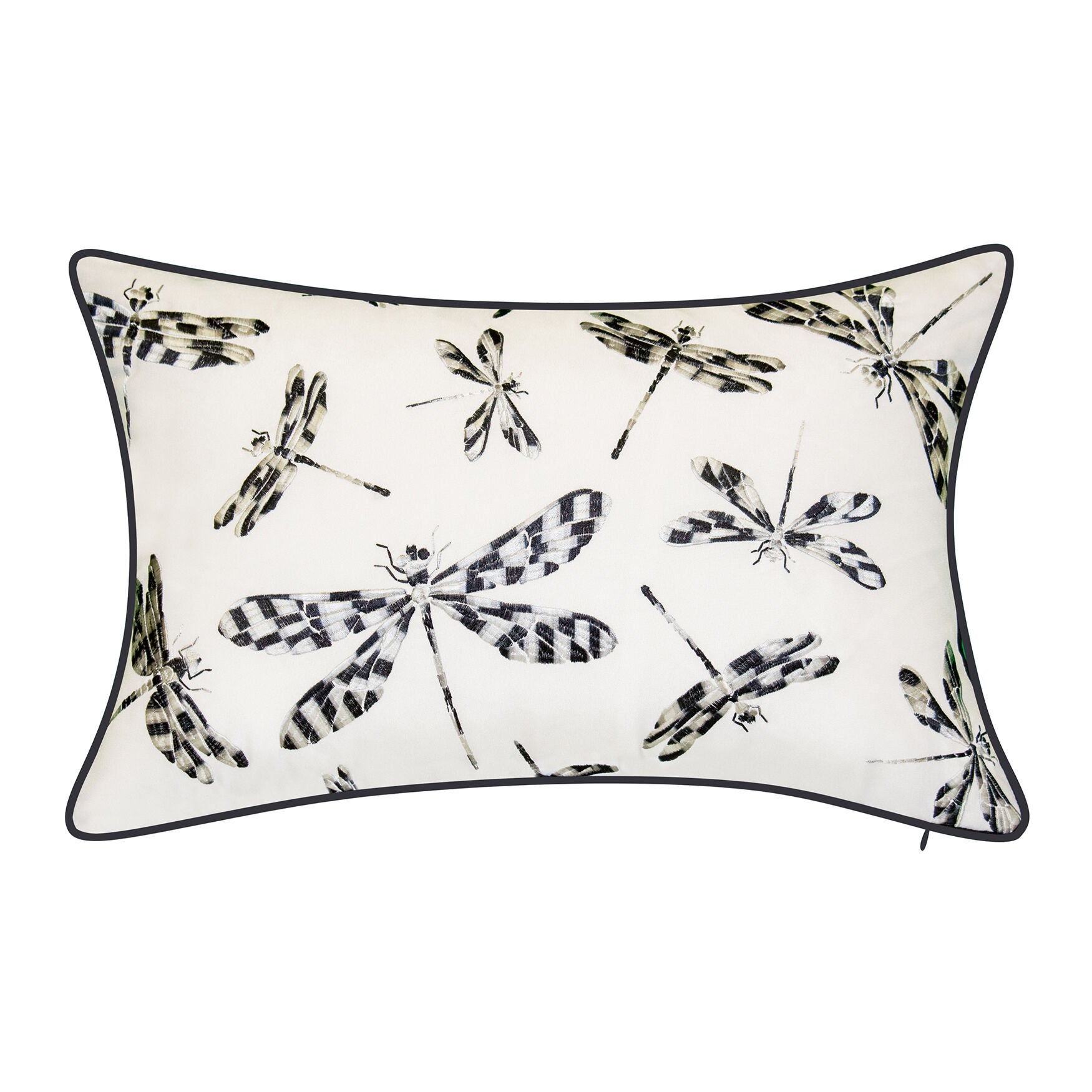 Indoor & Outdoor Embroidered Dragonflies Decorative Pillow, BLACK WHITE, hi-res image number 0