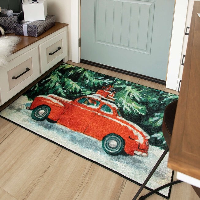 Vintage Christmas Car Kitchen Rug, , alternate image number null