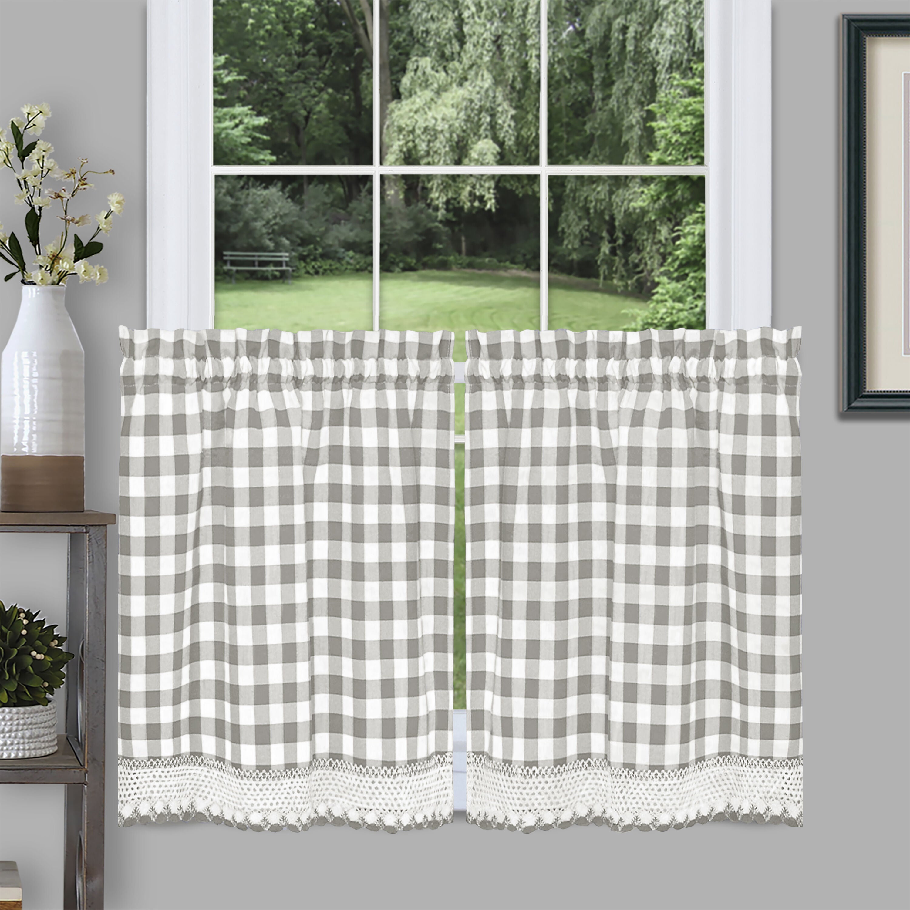 Buffalo Check Window Curtain Tier Pair - 58x36 - Navy, GREY, hi-res image number 0