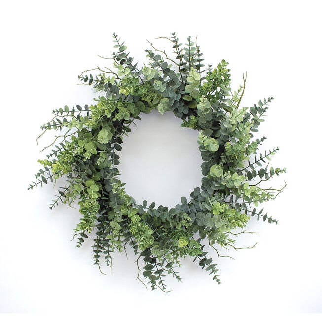 Mixed Eucalyptus Leaf Foliage Wreath With Twig Accents 29 inchesD, GREEN, hi-res image number null