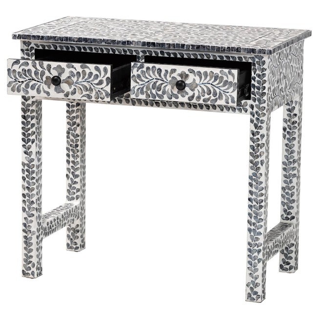 Diata Coastal Black and White Mother of Pearl Capiz Shell 2-Drawer Console Table, MOSAIC, alternate image number null