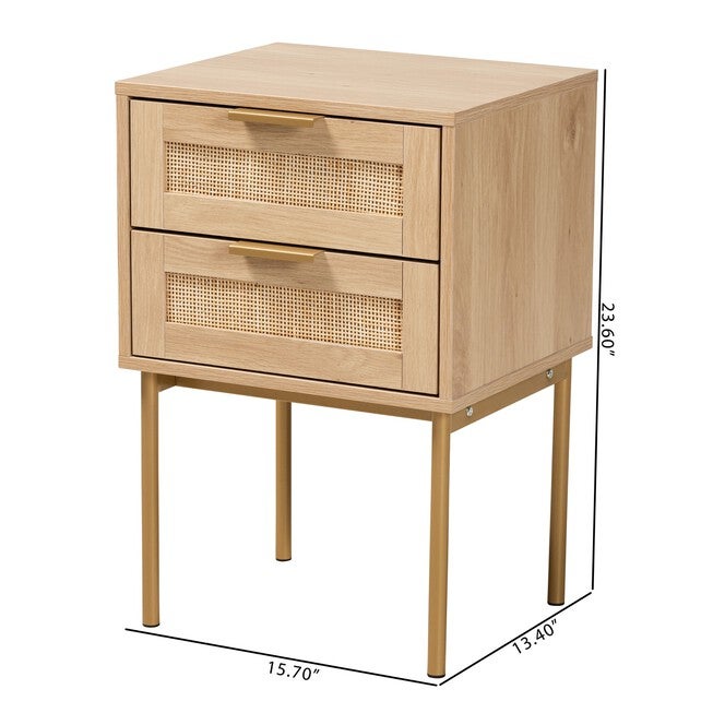 Dewitt Japandi Light Brown Finished Wood And Gold Metal 2-Drawer End Table, , alternate image number null