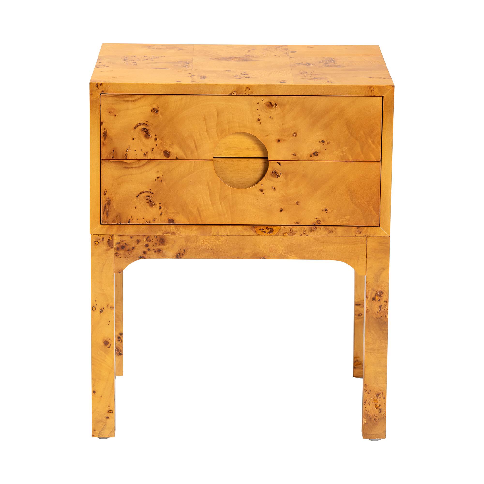 Kayla Modern and Contemporary Natural Light Mappa Real Burl Wood 2-Drawer Nightstand, BURL, alternate image number 3