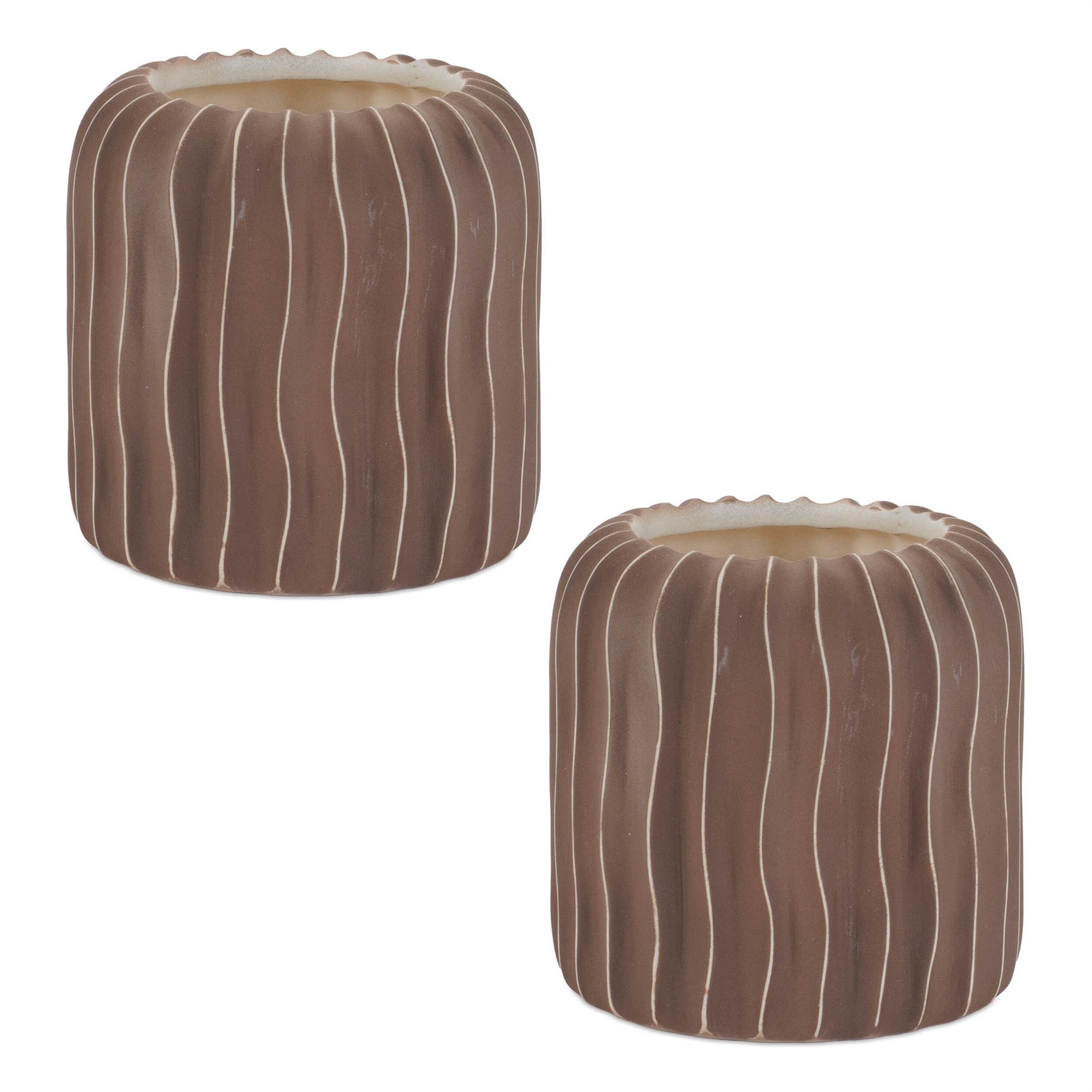 Wavy Ribbed Ceramic Vase Set of 2, BROWN, alternate image number 1