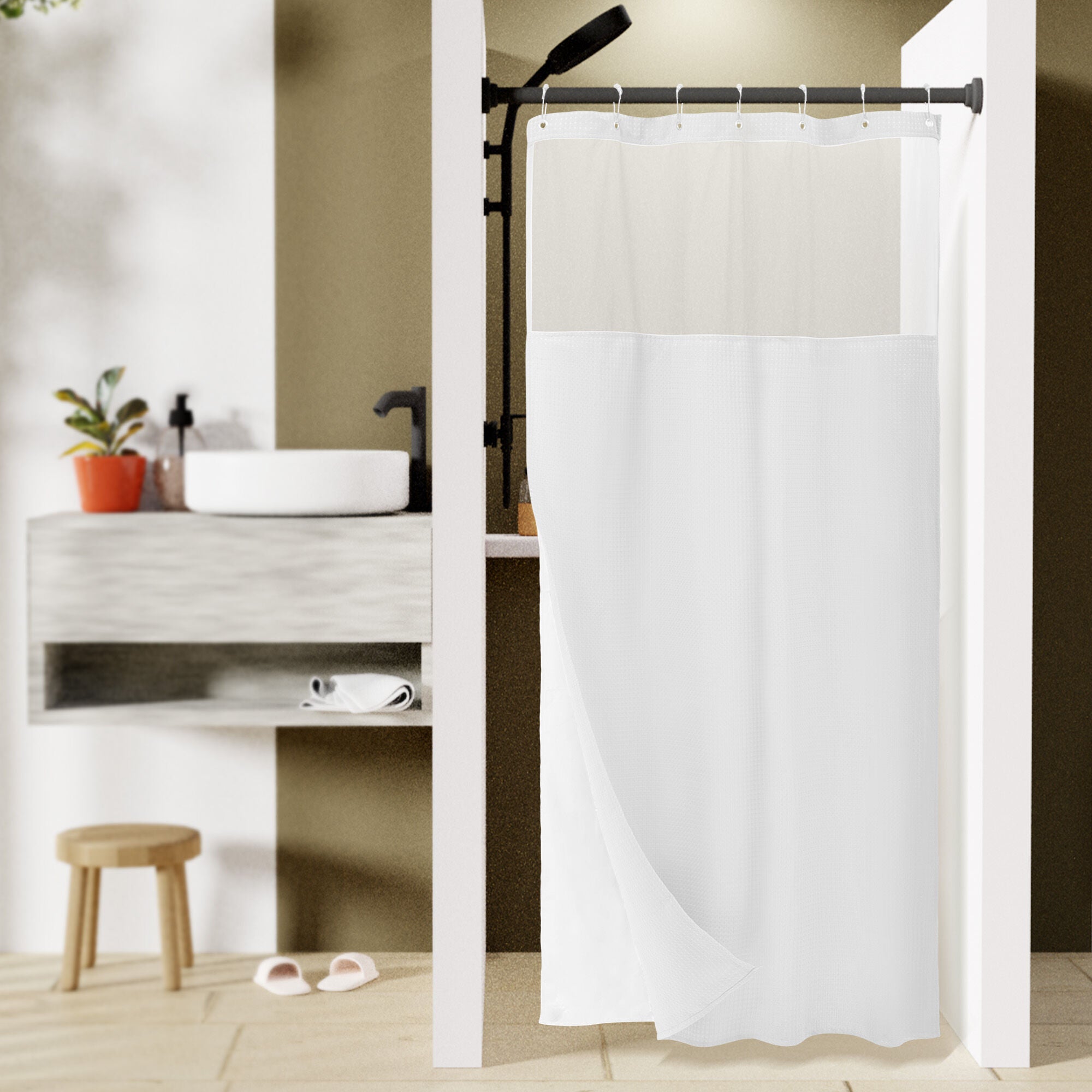 Dobby Waffle Shower Curtain with Snap-in Liner, Hooks included, WHITE, hi-res image number 0