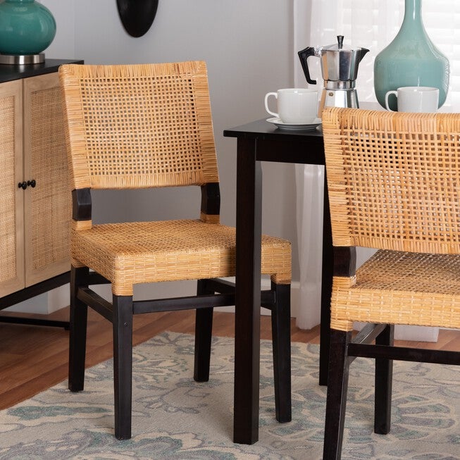Lesia Modern Bohemian Natural Brown Rattan And Espresso Brown Mahogany Wood Dining Chair, , alternate image number null