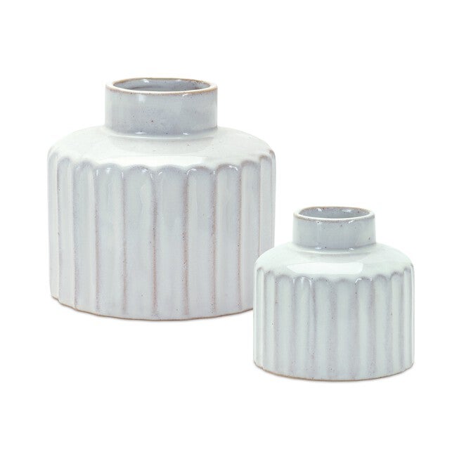 Ribbed Porcelain Vase with Washed Finish (Set of 2), WHITE, hi-res image number null