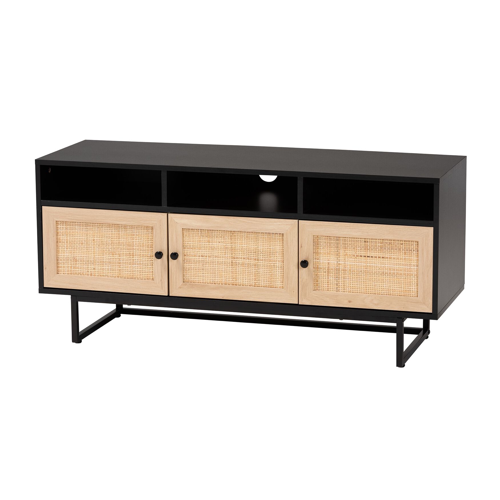 Declan Mid-Century Modern Espresso Brown Finished Wood And Natural Rattan 3-Door Tv Stand, ESPRESSO BROWN BLACK, hi-res image number 0
