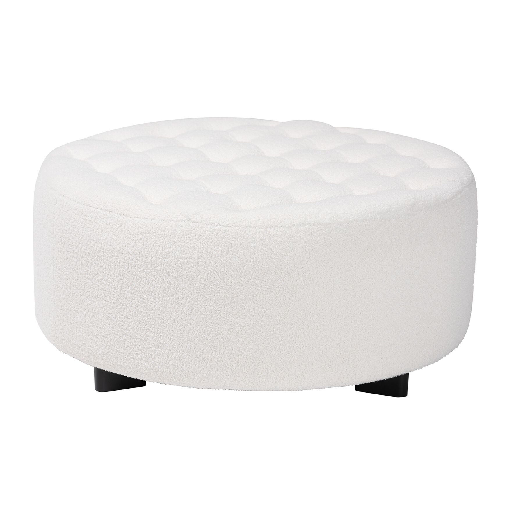 Athena Modern And Contemporary Ivory Boucle Upholstered And Black Finished Wood Round Ottoman, IVORY, hi-res image number 0