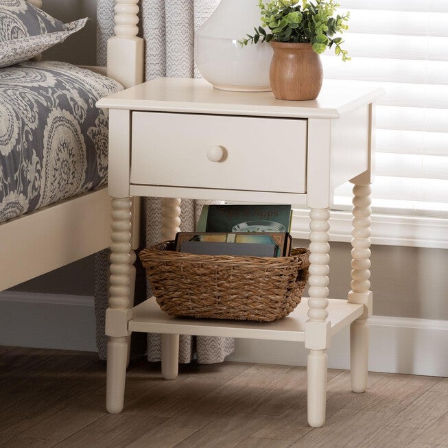 Baxton Studio Braith Farmhouse Black Spindle Wood 1-Drawer Nightstand, IVORY, hi-res image number 0