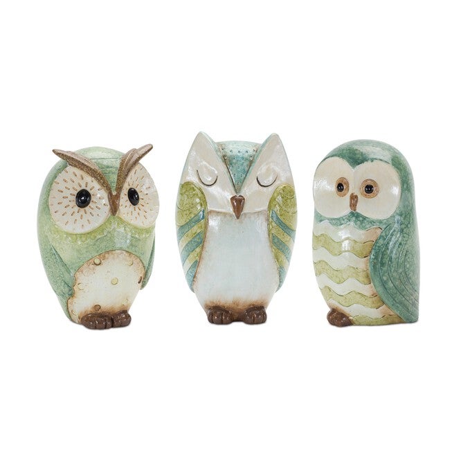 Terra Cotta Owl Figurine (Set of 3), BLUE/GREEN/WHITE, hi-res image number null