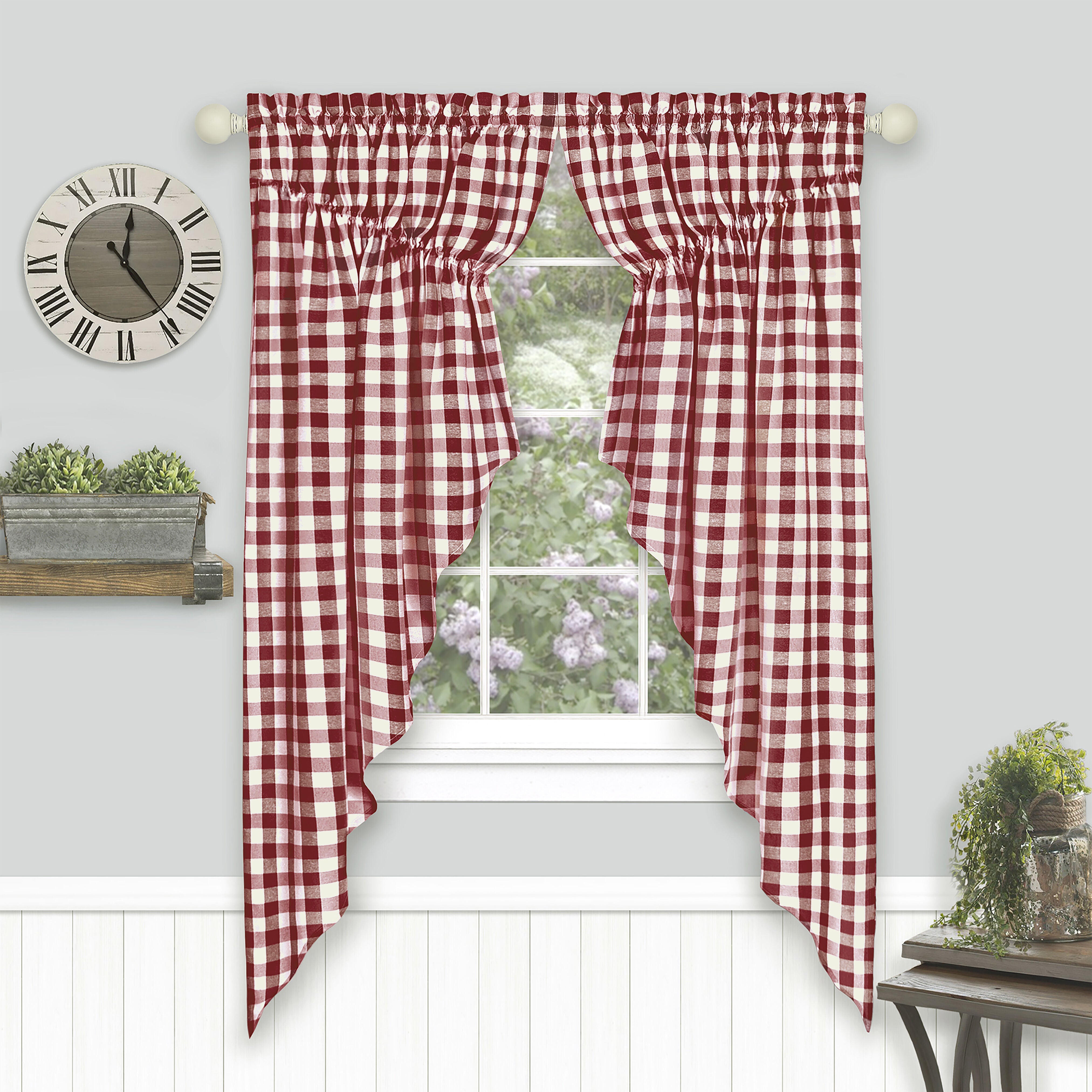 Buffalo Check Gathered Swag Window Curtain Pair, BURGUNDY, hi-res image number 0