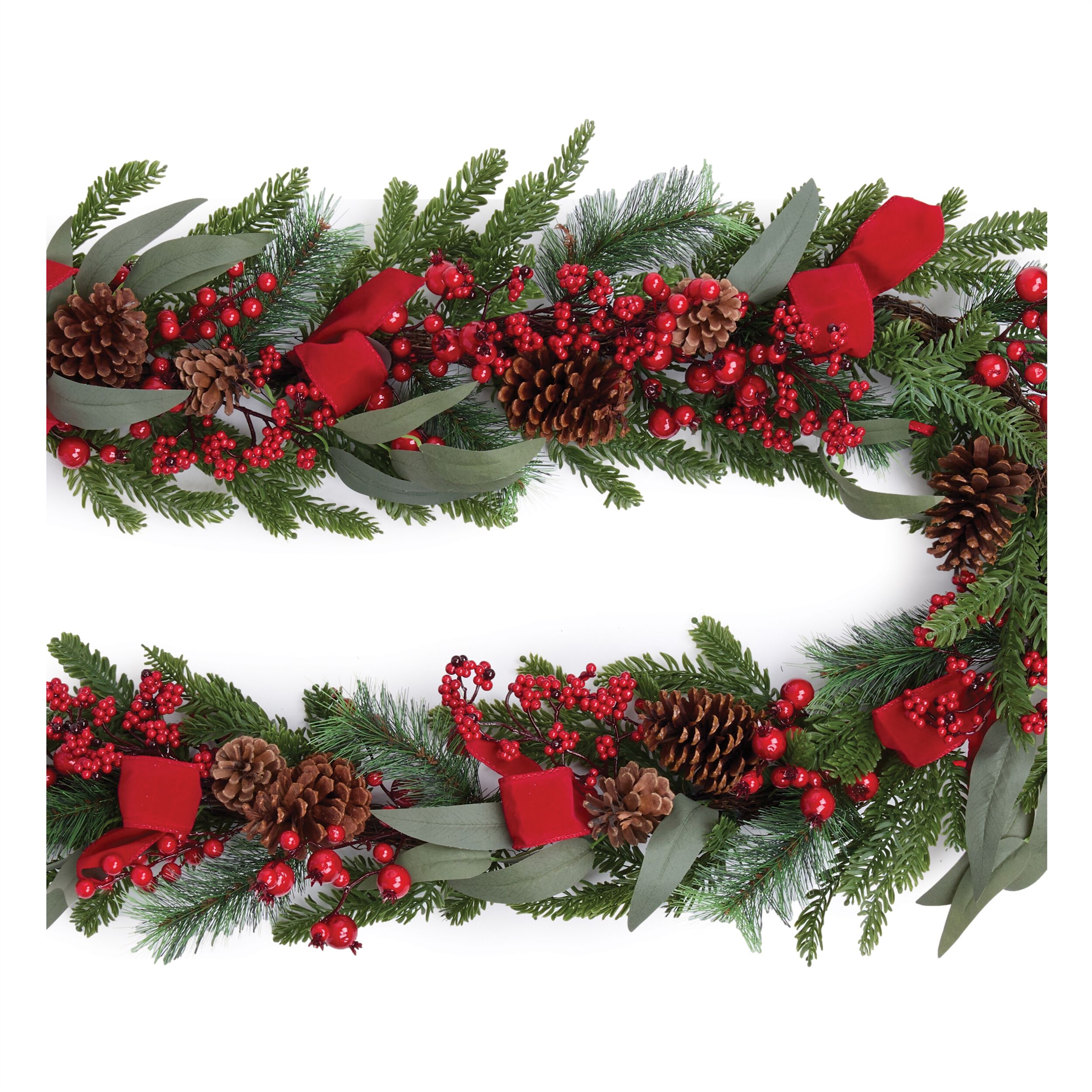 Fresh Touch Pine and Berry Garland with Ribbon 6'L, RED GREEN BROWN, alternate image number 3