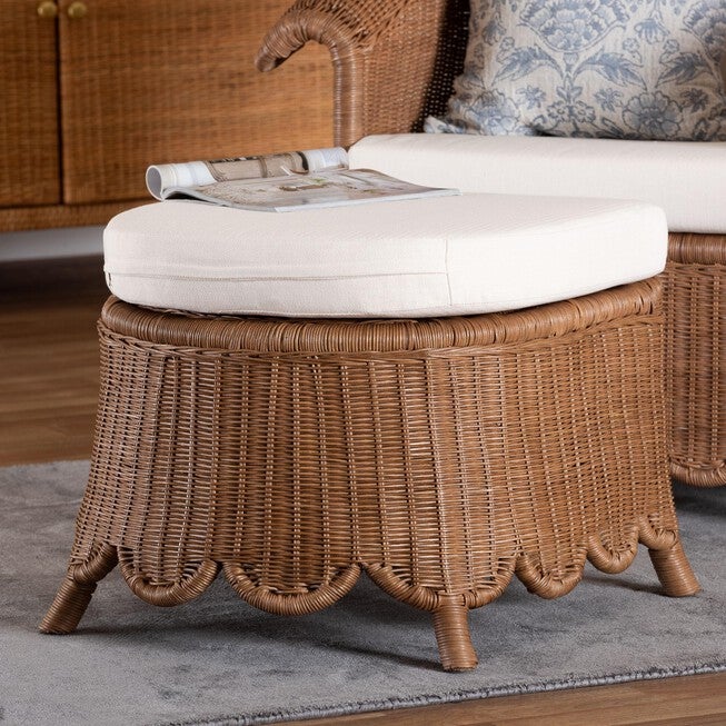 Footstool Poly Rattan Detta Natural Rattan Footstool with Cushion | Brylane Home