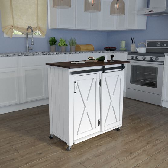 Leshire Barn Door Kitchen Cart, BROWN, hi-res image number null