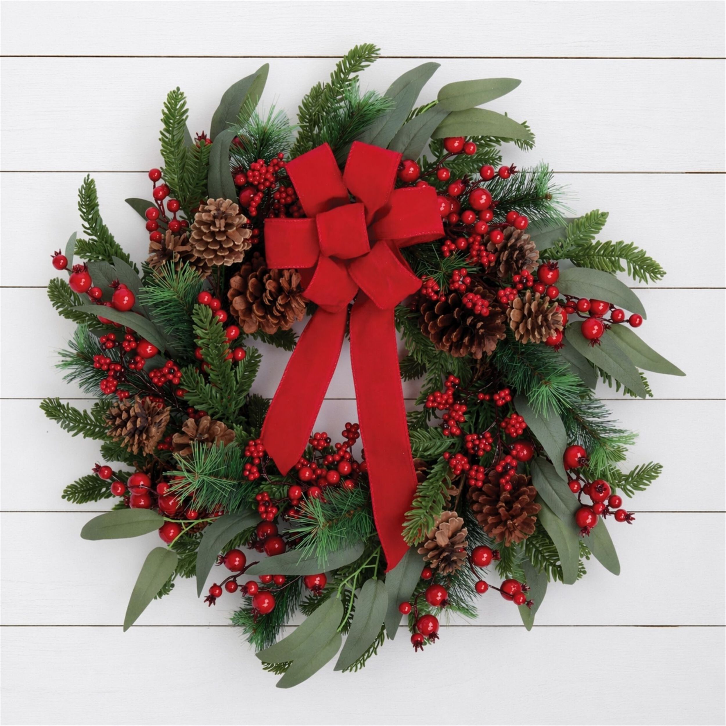 Fresh Touch Pine and Berry Wreath with Bow 24 inchesD, RED GREEN BROWN, alternate image number 2