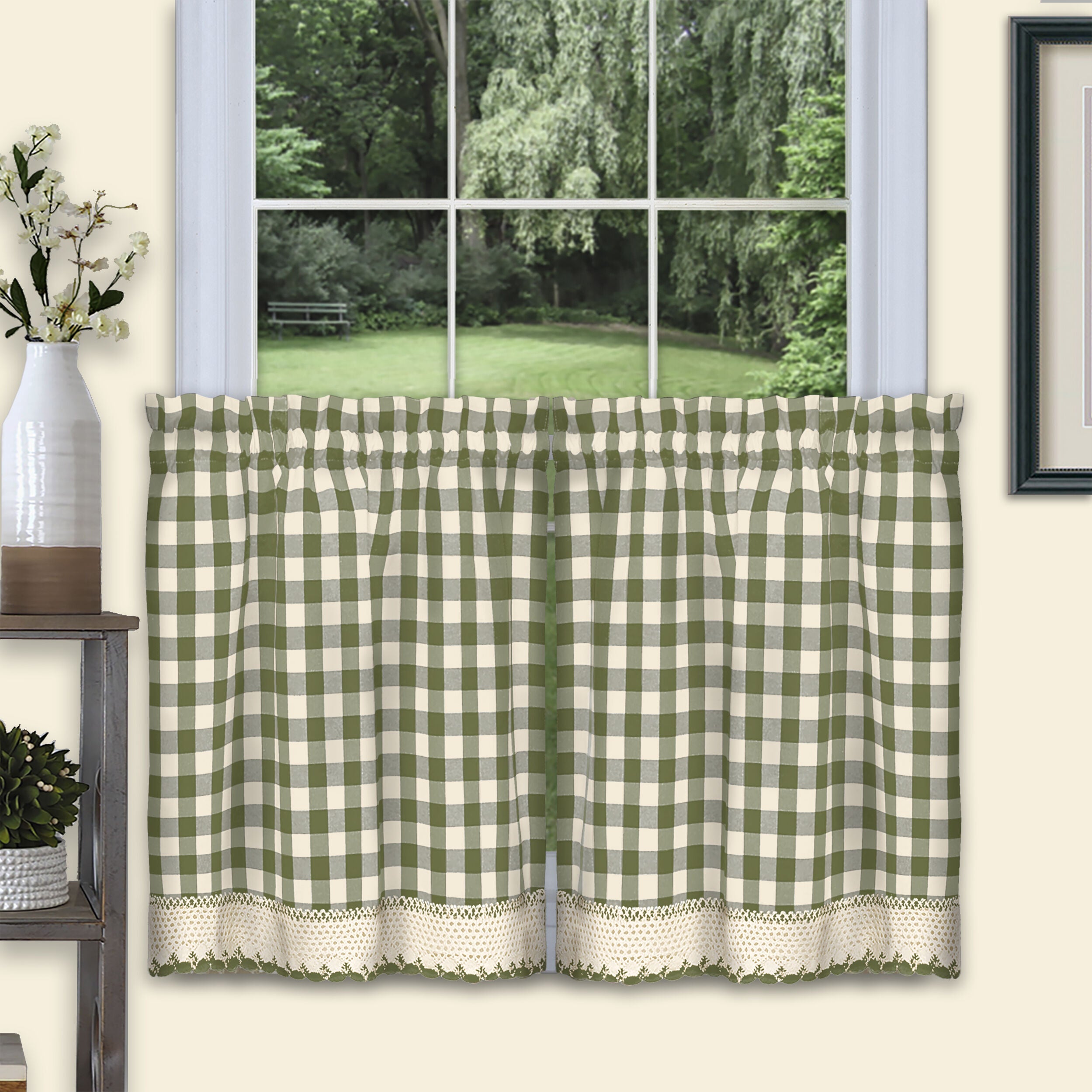 Buffalo Check Window Curtain Tier Pair, SAGE, hi-res image number 0