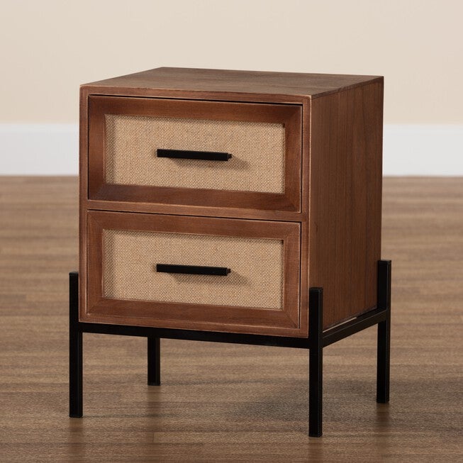 Paxley Mid-Century Modern Industrial Walnut Brown Finished Wood And Beige Fabric 2-Drawer End Table, , alternate image number 7