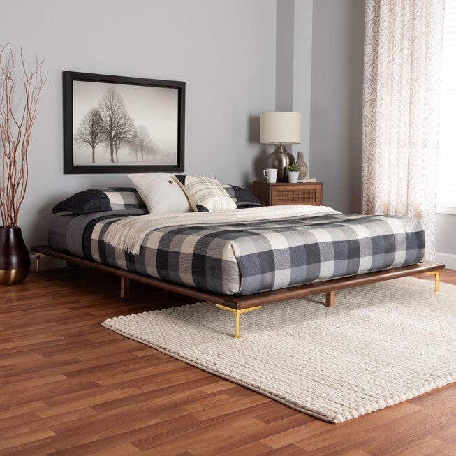 Channary Mid-Century Modern Transitional Walnut Brown Finished Wood And Gold Metal King Size Bed Frame, , alternate image number 5