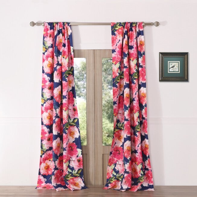 Peony Posy Navy Curtain Panel Pair , NAVY, hi-res image number null