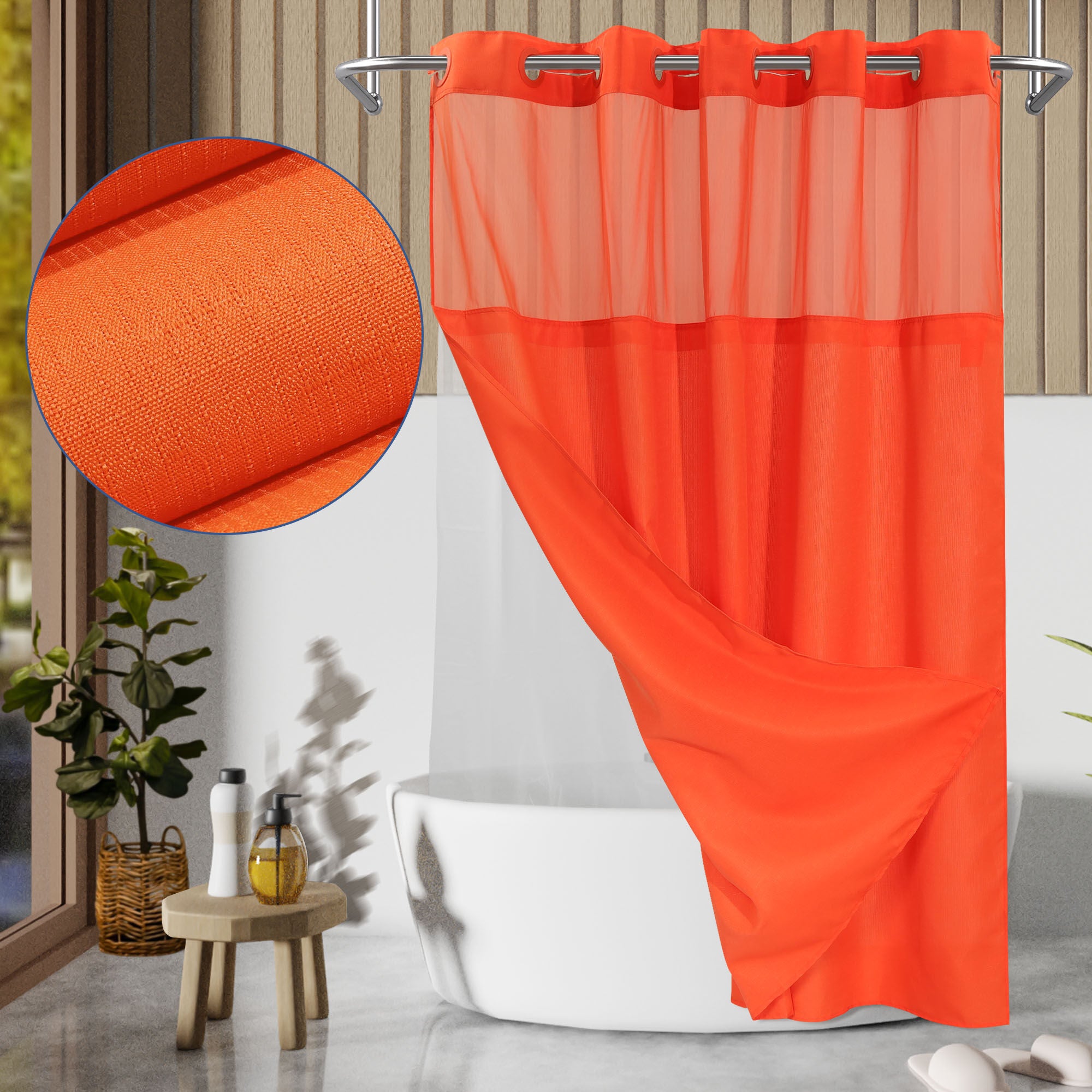 No Hook Slub Linen Texture Shower Curtain with Peva Snap-in Liner