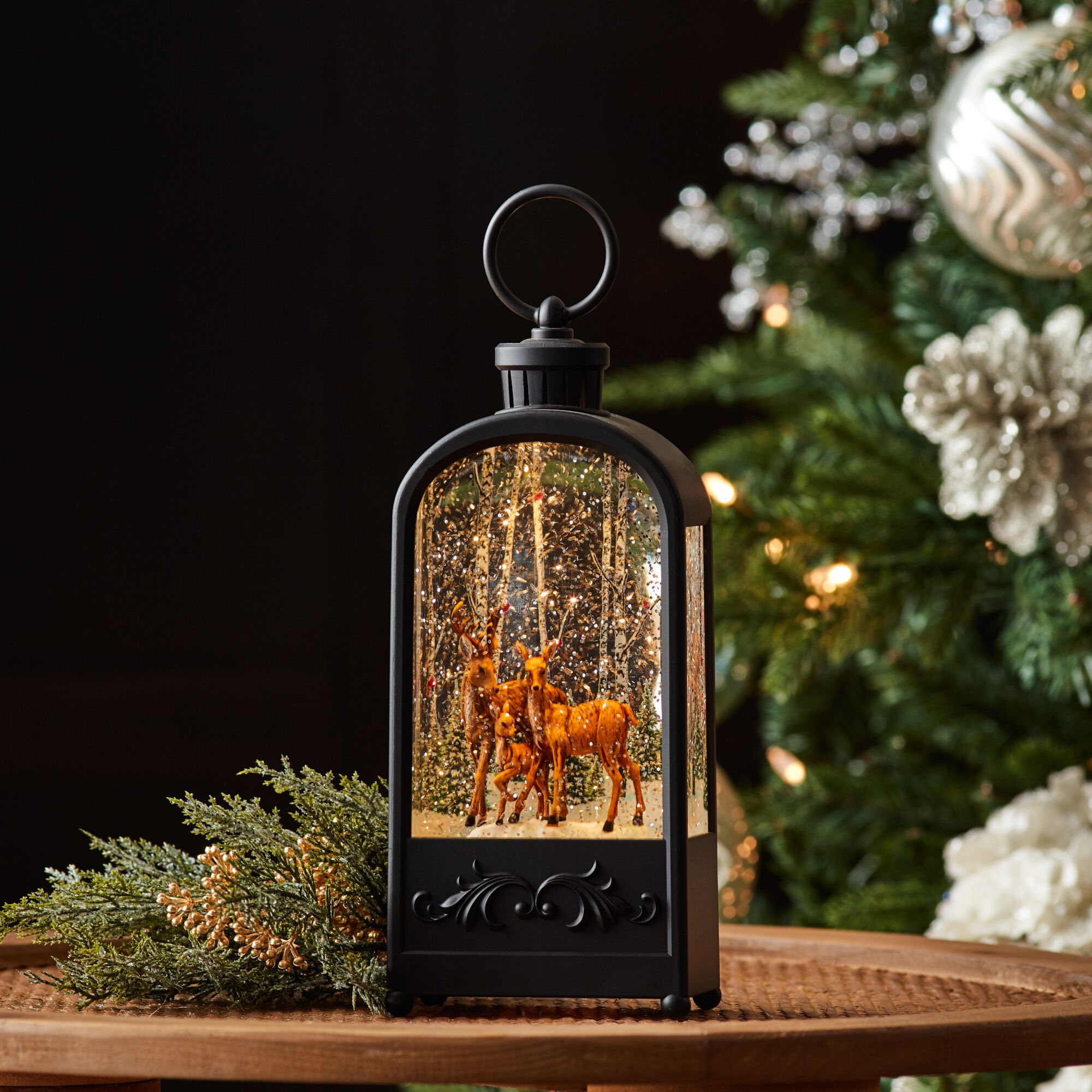 LED Snow Globe Lantern with Forest Deer 9.5 inchesH, BRONZE BROWN, alternate image number 2