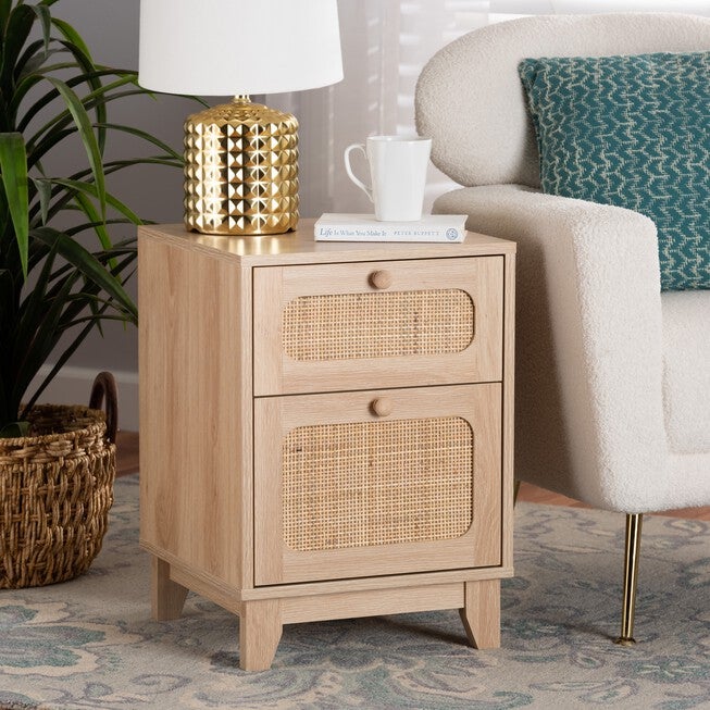 Elsbeth Mid-Century Modern Light Brown Finished Wood And Natural Rattan 1-Drawer End Table, , alternate image number null