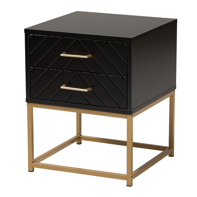 Inaya Contemporary Glam And Luxe Black Finished Wood And Gold Metal 2-Drawer End Table, BLACK GOLD, hi-res image number 0