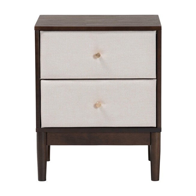 Nikolai Mid-Century Beige Fabric and Wenge Brown Wood 2-Drawer Nightstand, BEIGE/WENG, alternate image number null