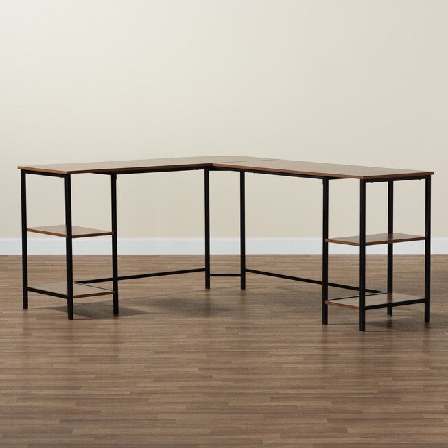 Lydia Modern Walnut Brown Finished Wood And Black Metal L-Shaped Corner Desk With Shelves, , alternate image number 8