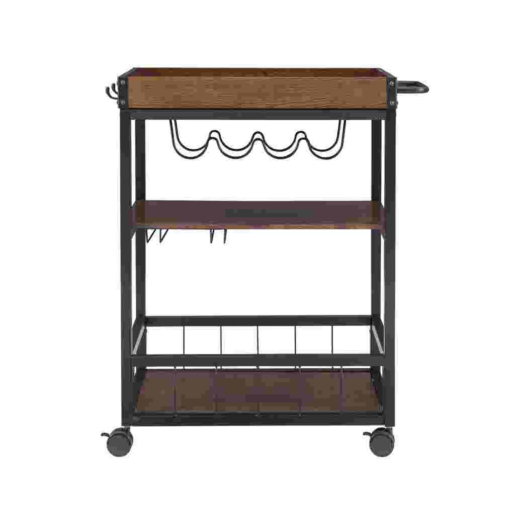 Austin Kitchen Cart with a wooden top and metal frame, featuring a wine glass holder and shelves, on a white background.