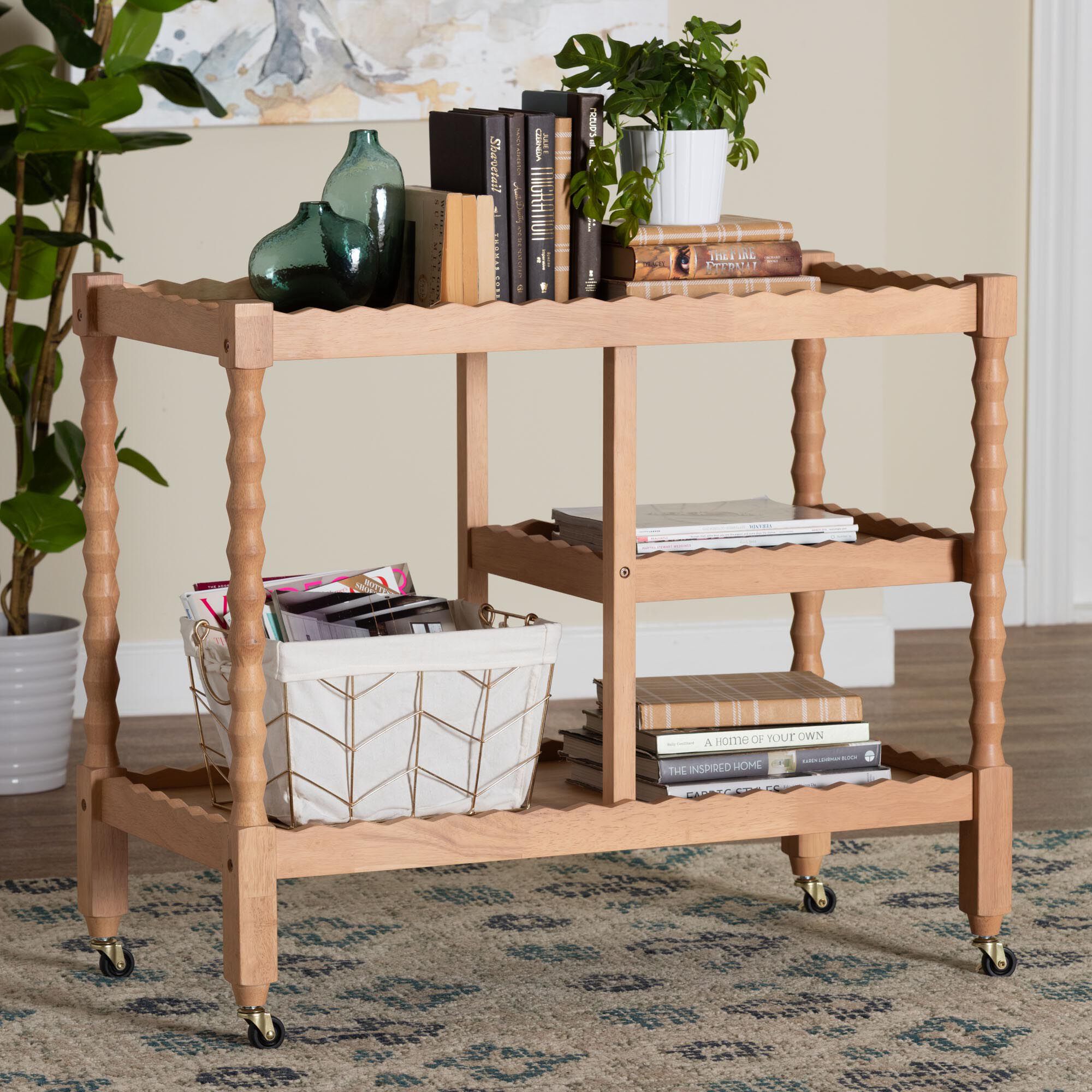 Seamus 3-Tier Beech Brown Book Cart with Bobbin Frame