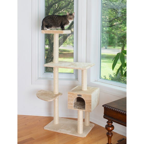 Gleepet 57" Beige Real Wood Cat Tree With Playhouse And Perch, , on-hover image number null