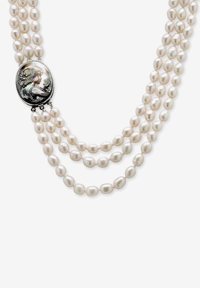 Silver Tone Multi Strand Cameo Necklace Cultured Freshwater Pearl 28 inches, PEARL, hi-res image number 0