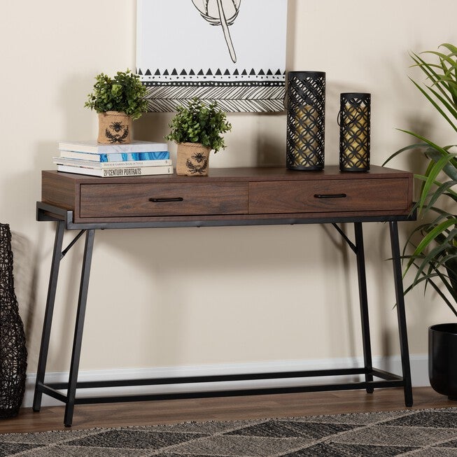 Eivor Modern Industrial Walnut Brown Finished Wood And Black Metal 2-Drawer Console Table, , alternate image number 7