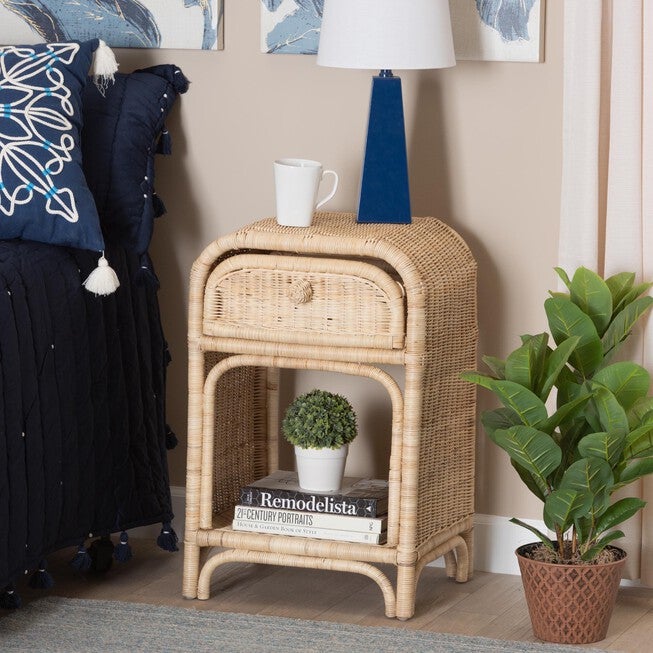 Magni Modern Bohemian Natural Brown Rattan 1-Drawer Nightstand, , alternate image number null
