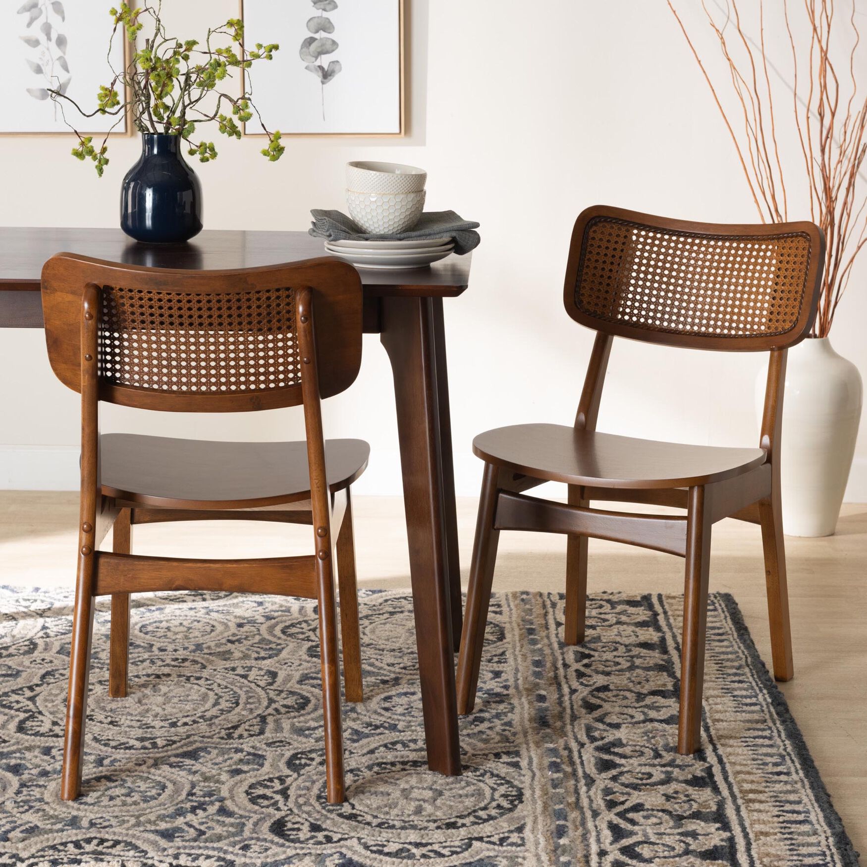 Tafari Mid-Century Modern Walnut Brown Finished Wood and Rattan 2-Piece Dining Chair Set, , alternate image number 24
