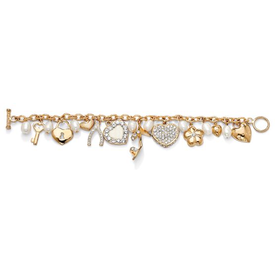Gold Tone Charm Bracelet Crystal and Cultured Freshwater Pearl 8", , alternate image number null