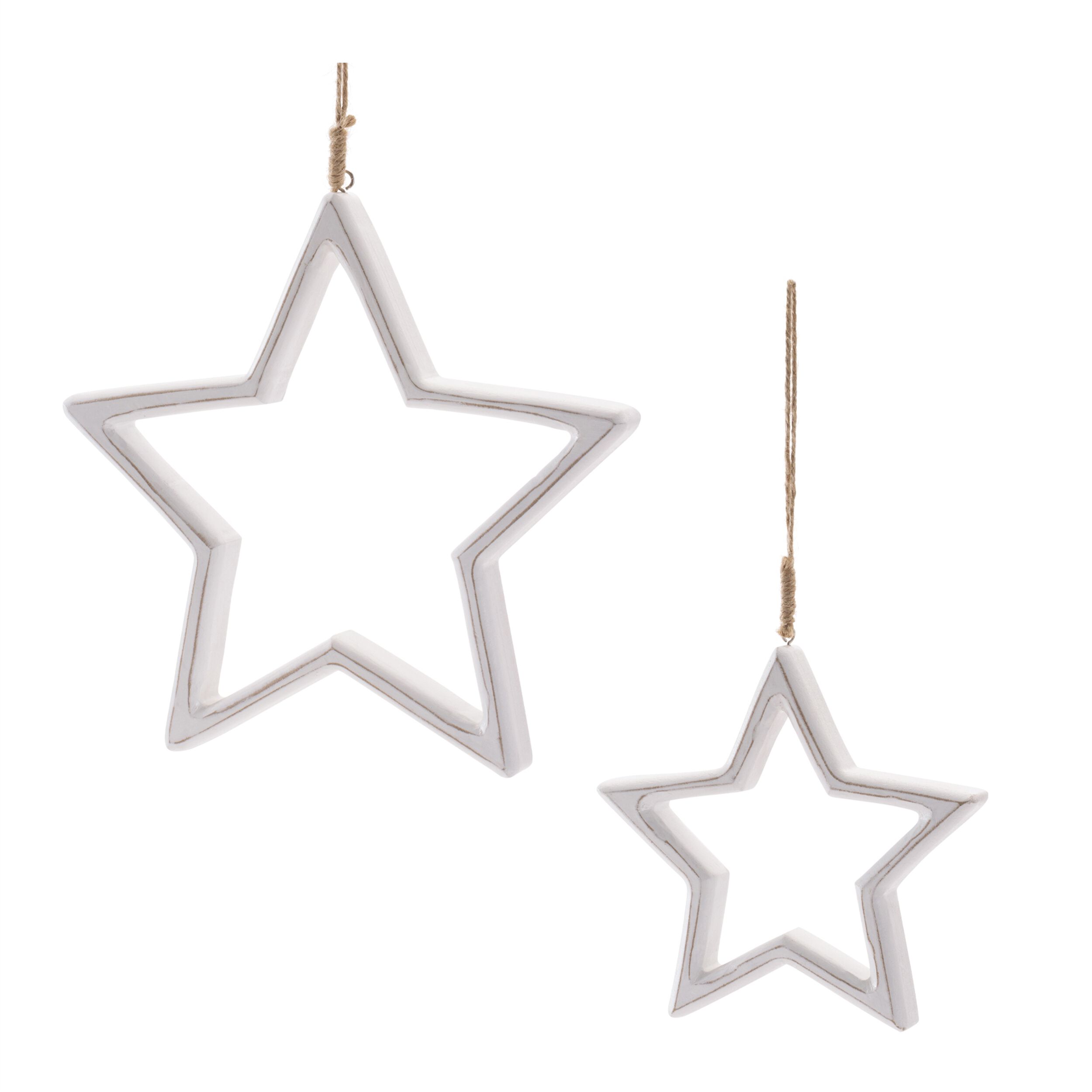 Carved Wooden Star Ornament (Set of 2), WHITE BROWN, hi-res image number 0